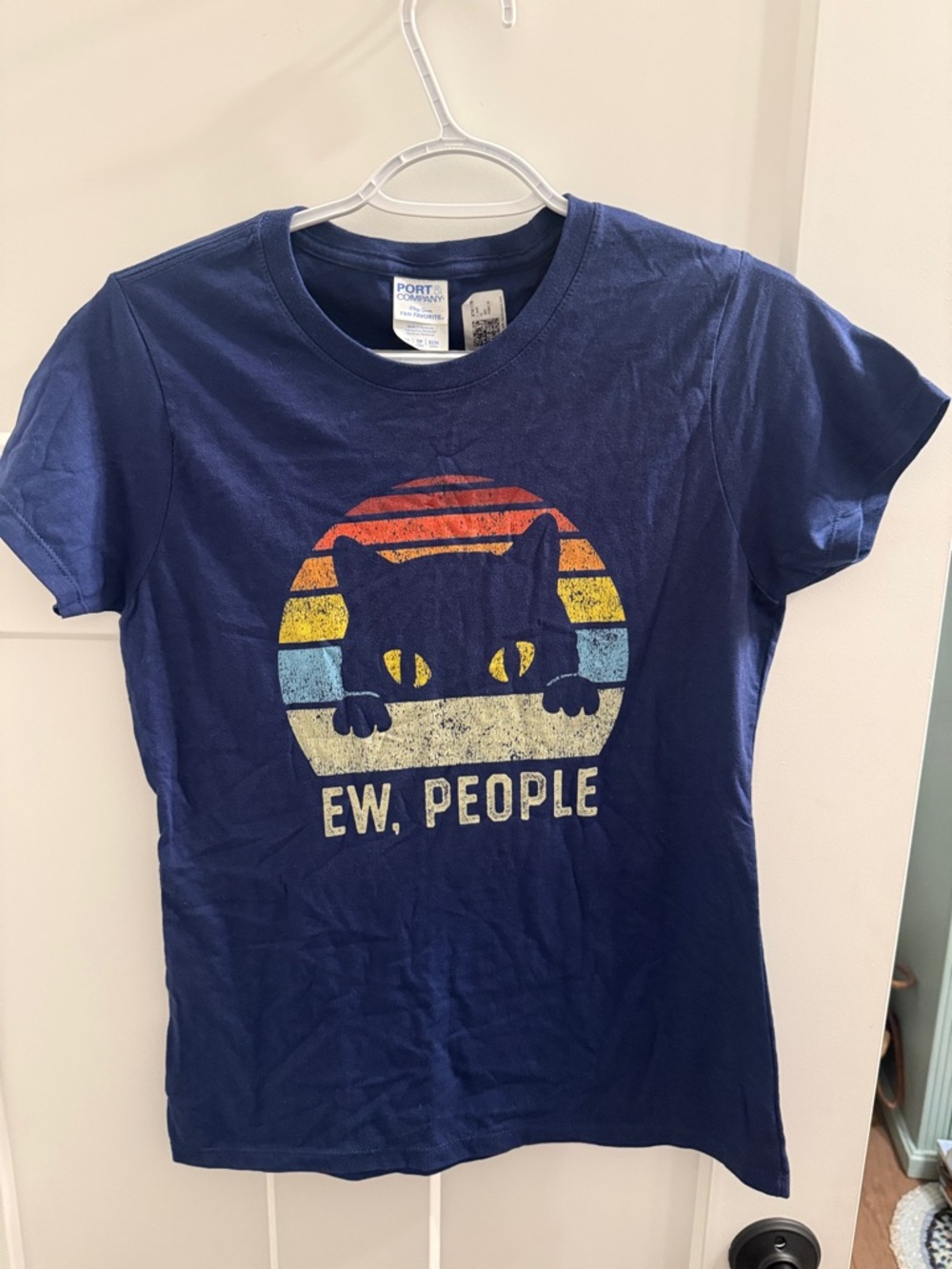 Port and Company Navy Cat Tee with Retro Stripe Graphic